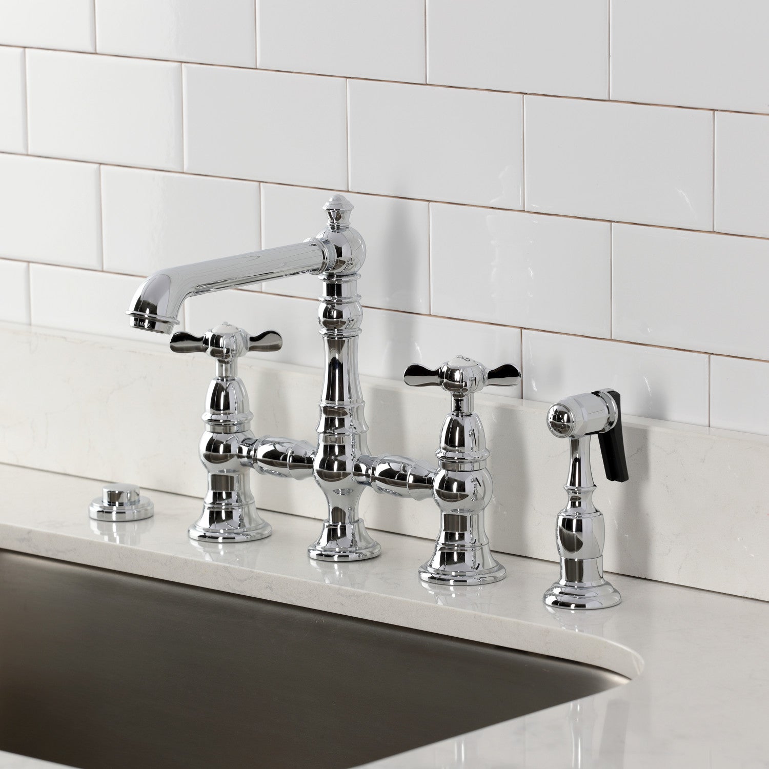 Kingston Tulare KS7271BEXBS - Essex Two-Handle 4-Hole Deck Mount Bridge Kitchen Faucet with Brass Sprayer, Polished Chrome — thumbnail 2